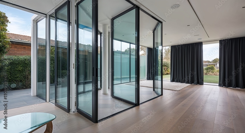 Floor to ceiling glass panels with blackout curtains for privacy and style Floor to ceiling glass panels with blackout curtains for privacy and style