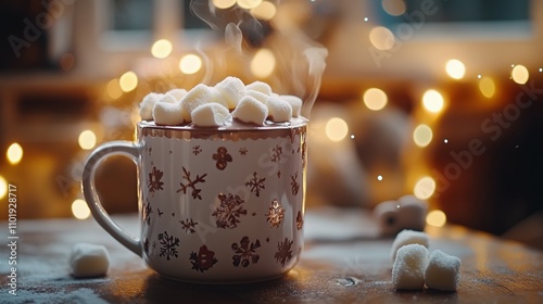 Steaming mug of hot chocolate topped with marshmallows, cozy winter scene.