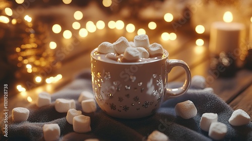 Cozy winter evening cocoa with marshmallows, candlelight, and soft lighting.