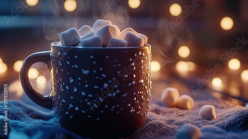 Steaming mug of hot cocoa topped with marshmallows, bokeh lights background.