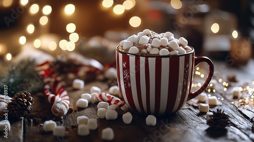 Festive Hot Cocoa with Marshmallows and Candy Canes on Rustic Wood