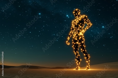 A dramatic Sagittarius constellation glowing above a desert horizon, with a mystical archer figure outlined in the stars