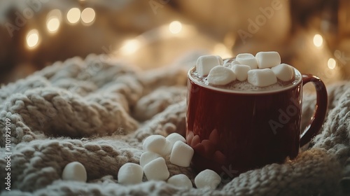Cozy Winter Mug of Hot Cocoa with Marshmallows on Knit Blanket