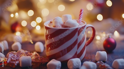 Festive Hot Chocolate with Marshmallows and Candy Cane Stirrer