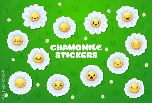 Cartoon chamomile face, daisy flowers characters stickers on green grass field vector background. Cute kawaii camomile floral emojis with happy faces. Funny chamomile flowers of white blooming petals