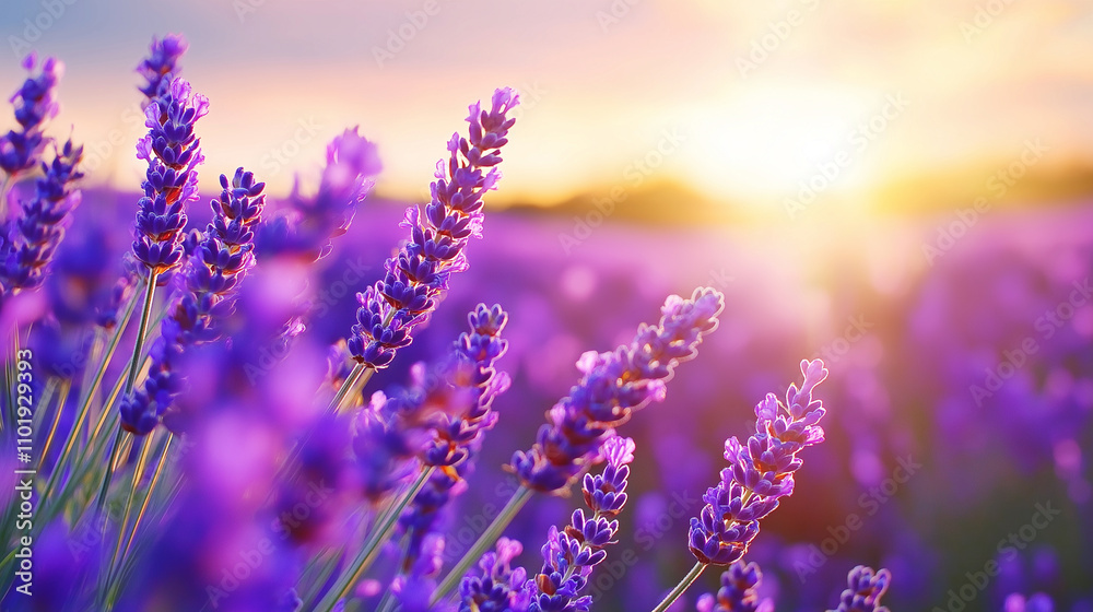 A photostock of a lavender field at sunset, with deep purple rows extending toward the horizon A photostock of a lavender field at sunset, with deep purple rows extending toward the horizon