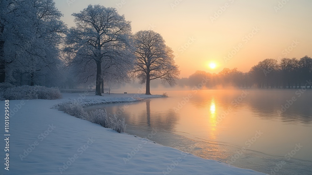 A serene winter landscape at sunrise, featuring snow-covered trees and a calm reflective lake. A serene winter landscape at sunrise, featuring snow-covered trees and a calm reflective lake.