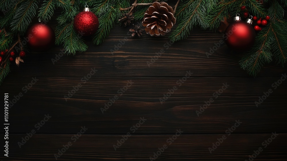 Christmas Background with Dark Wood Texture and Green Pine Branches, Red Ornaments on Wooden Table, Top View, Perfect for Banner or Web Design, Festive Holiday Concept Christmas Background with Dark Wood Texture and Green Pine Branches, Red Ornaments on Wooden Table, Top View, Perfect for Banner or Web Design, Festive Holiday Concept