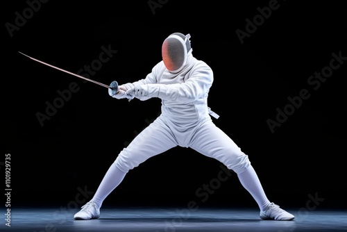 A fencer lunging with precision, their sword and mask gleaming under competition lights photo