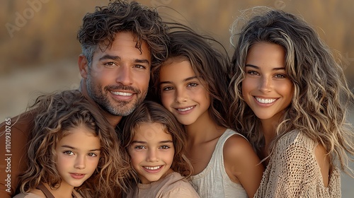 A blended family of step-parents and biological children, smiling together in front of a family portrait, celebrating love and connection, regardless of traditional family structures. Ultra-Realistic,