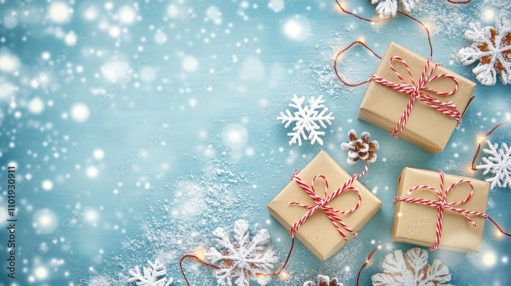 Festive Christmas Boxes with Brown Paper and Red String Wrapped Presents, Snowflakes and Bokeh Lights on Soft Blue Background, Holiday Gift Concept
Festive Christmas Boxes with Brown Paper and Red String Wrapped Presents, Snowflakes and Bokeh Lights on Soft Blue Background, Holiday Gift Concept