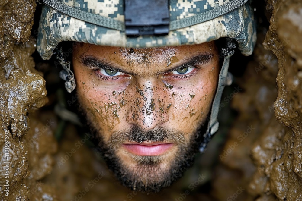 Obraz premium A hyper-realistic portrait of a soldier standing in a battlefield, with dirt, sweat, and a look of intense determination on their face