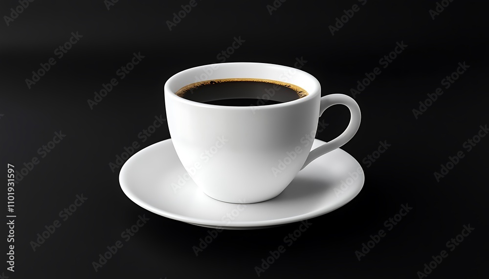 A minimalist scene with a white coffee cup and saucer on a matte black background A minimalist scene with a white coffee cup and saucer on a matte black background