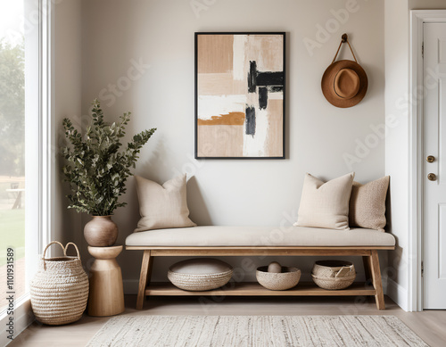 farmhouse, rustic interior home design of modern hall, home, rustic entryway with wooden bench, neutral decor, textured cushion, and abstract art in a warm, welcoming space 