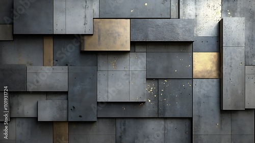 Abstract geometric wall with grey concrete and gold metallic panels.