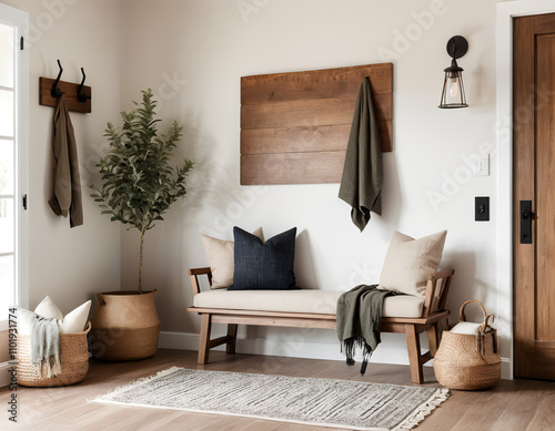 farmhouse, rustic interior home design of modern hall, home, rustic entryway with wooden bench, neutral decor, textured cushion, and abstract art in a warm, welcoming space 