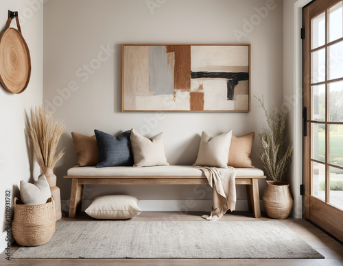 farmhouse, rustic interior home design of modern hall, home, rustic entryway with wooden bench, neutral decor, textured cushion, and abstract art in a warm, welcoming space 