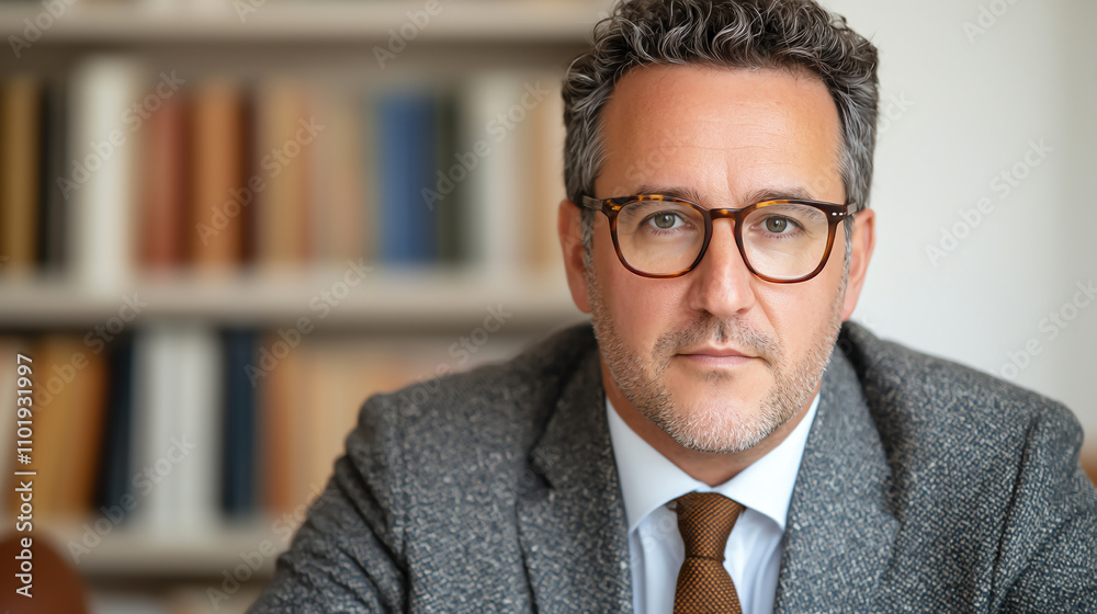 confident man in suit and glasses sits in office with bookshelves, conveying professionalism and focus confident man in suit and glasses sits in office with bookshelves, conveying professionalism and focus