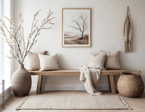 farmhouse, rustic interior home design of modern hall, home, rustic entryway with wooden bench, neutral decor, textured cushion, and abstract art in a warm, welcoming space 