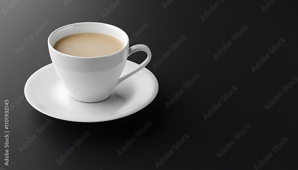 A minimalist scene with a white coffee cup and saucer on a matte black background A minimalist scene with a white coffee cup and saucer on a matte black background