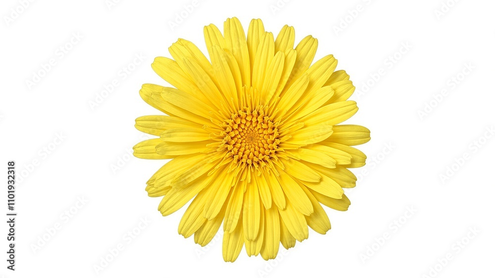 Vibrant yellow dandelion bloom against white backdrop Vibrant yellow dandelion bloom against white backdrop