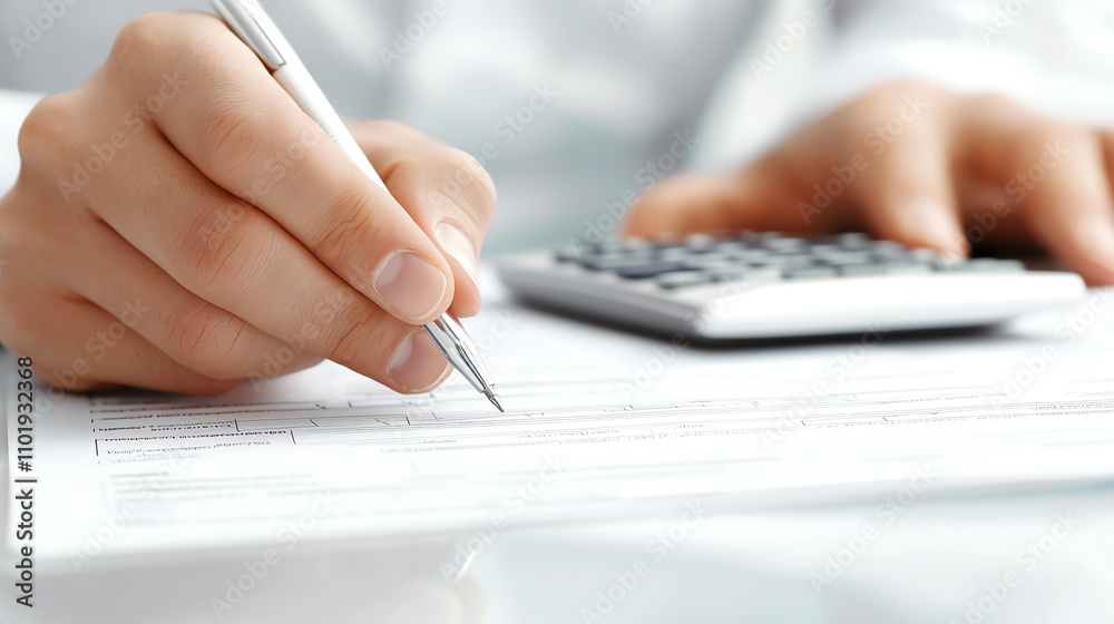 person carefully reviews tax documents with pen and calculator, focusing on financial accuracy and detail. scene conveys sense of precision and professionalism in financial tasks person carefully reviews tax documents with pen and calculator, focusing on financial accuracy and detail. scene conveys sense of precision and professionalism in financial tasks