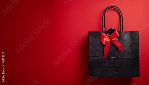  A black shopping bag with a sale tag and bow on a vibrant red background represents Black F_1(25) photo