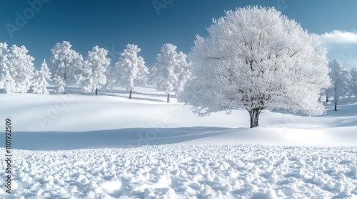 A serene winter landscape featuring a snow-covered field and frosted trees under a clear sky.