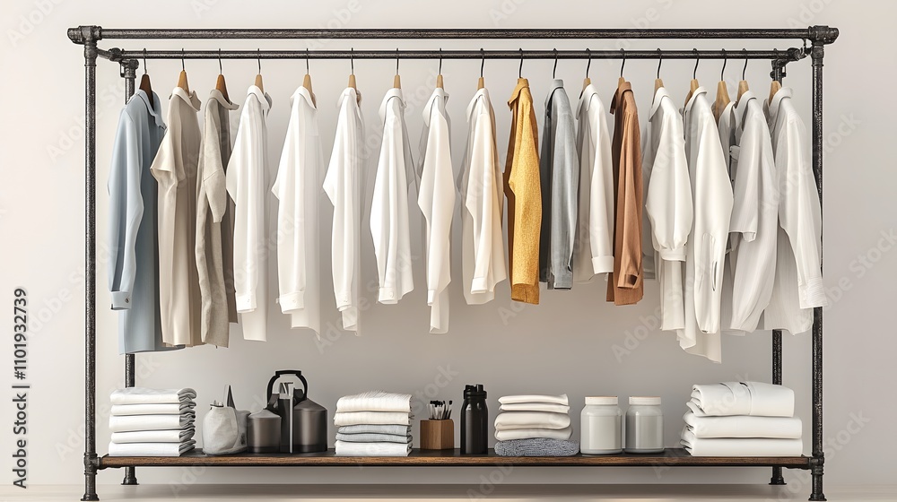 Organized wardrobe display of white dress shirts on metal rack, showcasing professional business attire in neutral colors with crisp cotton textures and clean presentation. Organized wardrobe display of white dress shirts on metal rack, showcasing professional business attire in neutral colors with crisp cotton textures and clean presentation.