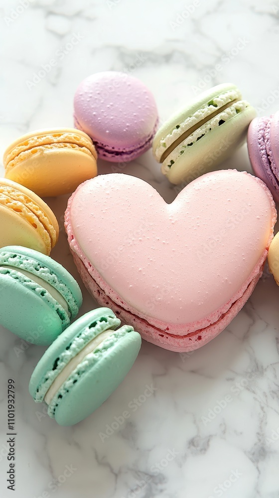 A Delightful Arrangement of Pastel Macarons with a Heart-Shaped Macaron Centerpiece on Marble A Delightful Arrangement of Pastel Macarons with a Heart-Shaped Macaron Centerpiece on Marble