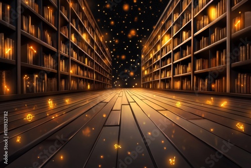 A mystical library filled with books, star charts, and glowing astrological symbols floating in the air photo