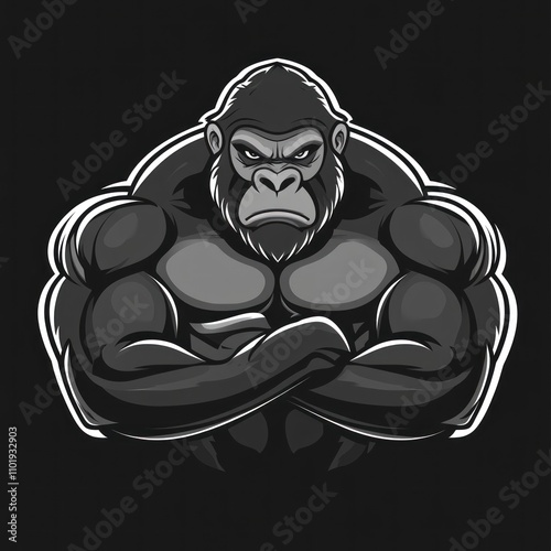 Here's a suggested  and keywords for your image.. Powerful, muscular gorilla with arms crossed, fierce expression. photo