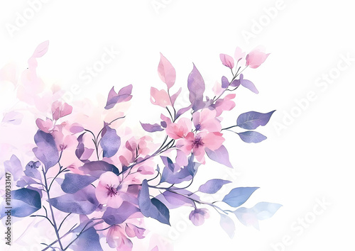 Watercolor pastel pink floral bouquet, leaves and flowers in violets and pinks, on a white background, long-stemmed flower arrangement,