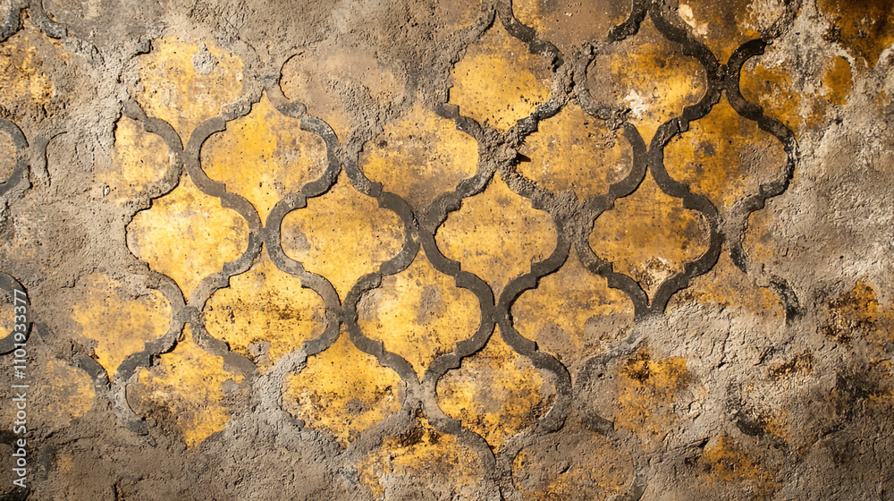 Decorative wall design featuring intricate patterns in golden hues and textured surface