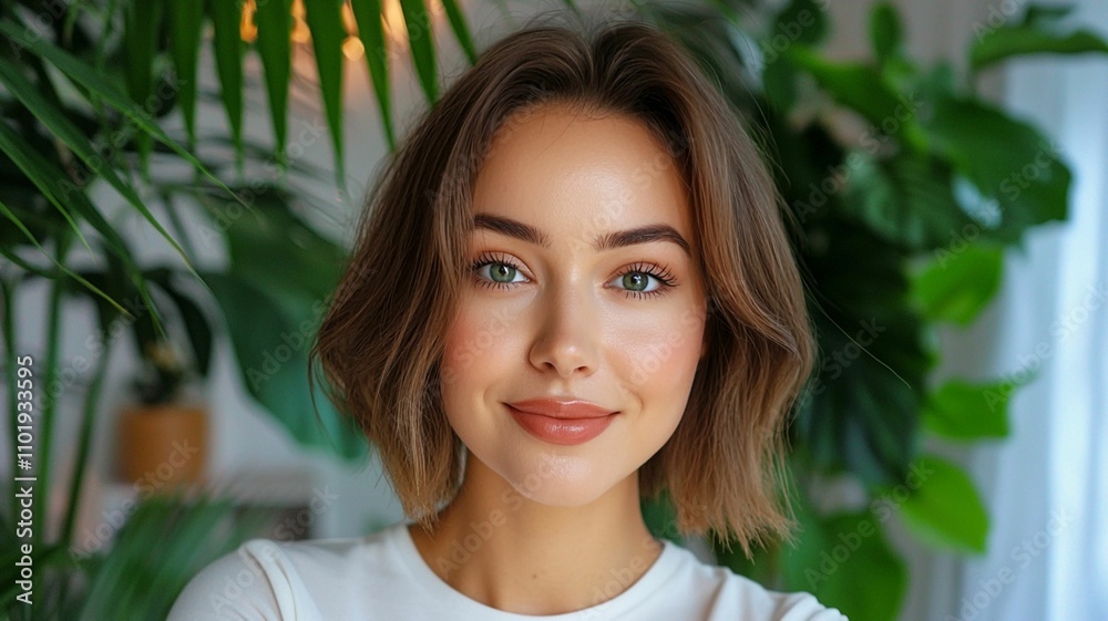 Beautiful young woman with short hair and natural makeup smiling against a backdrop of lush green foliage in a bright, modern living space Beautiful young woman with short hair and natural makeup smiling against a backdrop of lush green foliage in a bright, modern living space