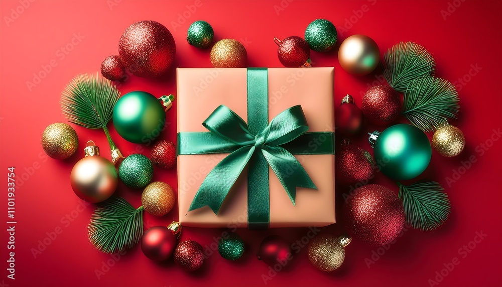 A beautifully wrapped Christmas present with a green ribbon sits atop a vibrant red backgro_1(11) A beautifully wrapped Christmas present with a green ribbon sits atop a vibrant red backgro_1(11)