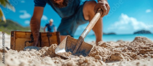 Pirates digging for buried treasure on a sandy beach, with chests and shovels, stock photo style