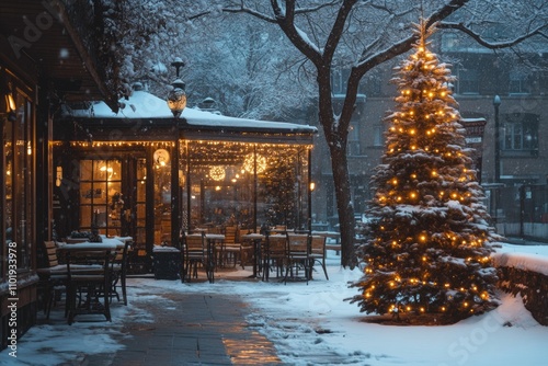 Beautiful cafe in Christmas time, snow outside after snowfall, beautiful Christmas tree, minimalist vibe, led strip lights photo