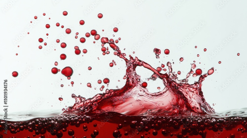 Sparkling red wine forming an upward splash in a glass, with bubbles sparkling vividly, on a white backdrop