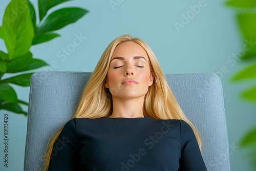 A woman lies on a comfortable couch with her eyes closed during a relaxing hypnotherapy session. Generative AI