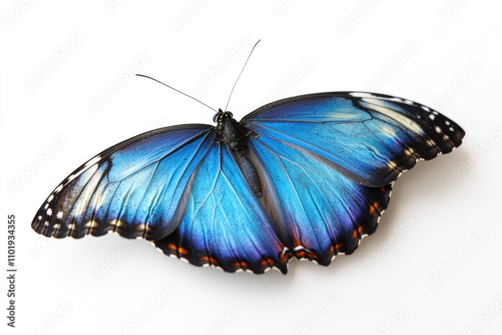 A close-up of a blue and black butterfly perched on a white surface A close-up of a blue and black butterfly perched on a white surface