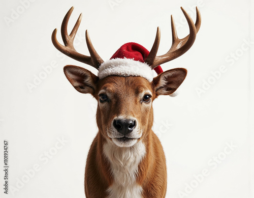 christmas reindeer with red ribbon isolated on white background photo