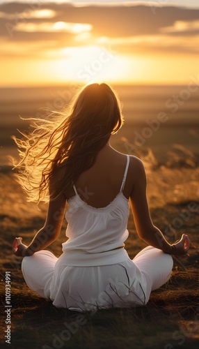 A young girl meditates at sunset