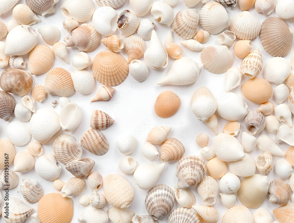 Various seashells of different sizes and shapes scattered on a white background Various seashells of different sizes and shapes scattered on a white background
