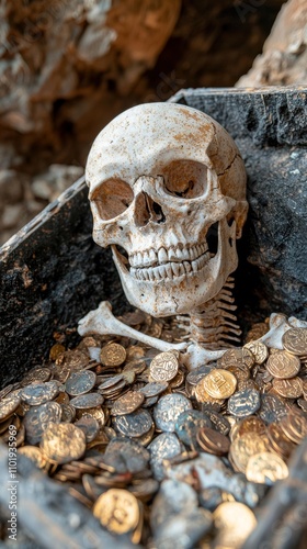 Skeleton pirate guarding a treasure chest in a dark, eerie cave, stock photo style photo