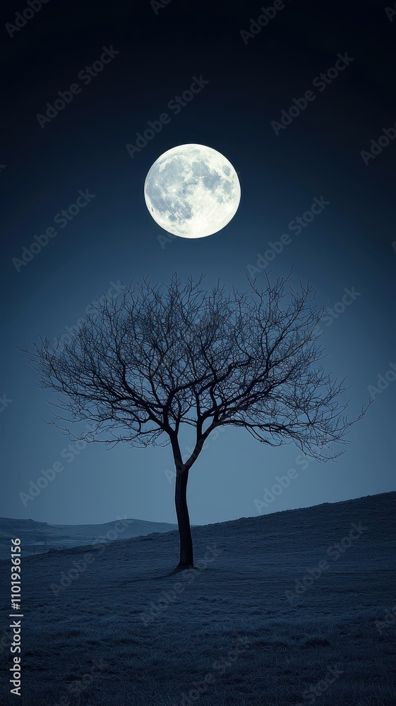 A solitary tree silhouetted against a bright full moon, casting a serene glow over a dark, tranquil landscape. A solitary tree silhouetted against a bright full moon, casting a serene glow over a dark, tranquil landscape.