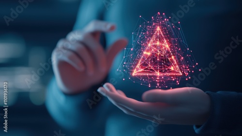 Hands Presenting a Glowing Geometric Shape in a Dark Digital Environment