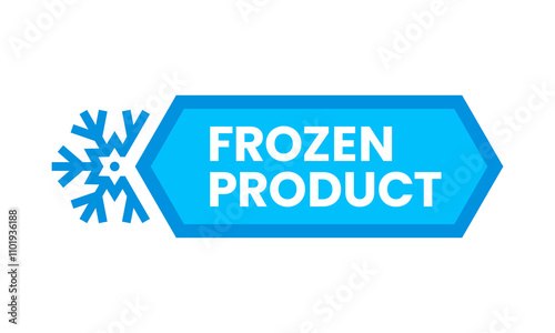Frozen product label with snowflake or ice on blue badge for food package, vector icon. Frozen product badge for fresh meat, fish and seafood of refrigerated food to package symbol or instruction