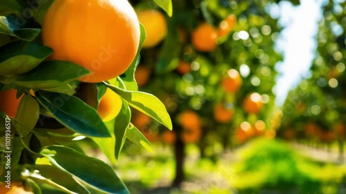 Spanish orange garden. Bunch of fresh ripe oranges hanging on a trees in orange garden
