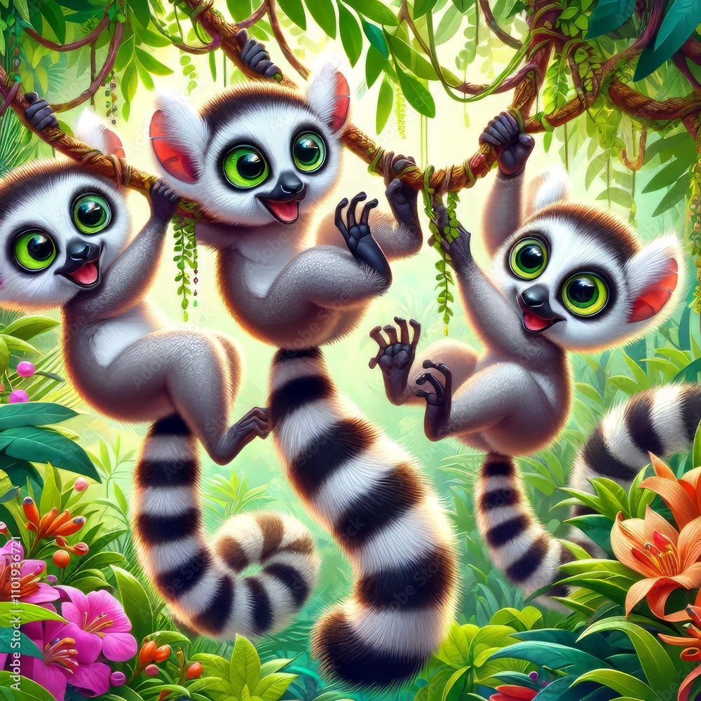 Lemurs swinging from vines ;